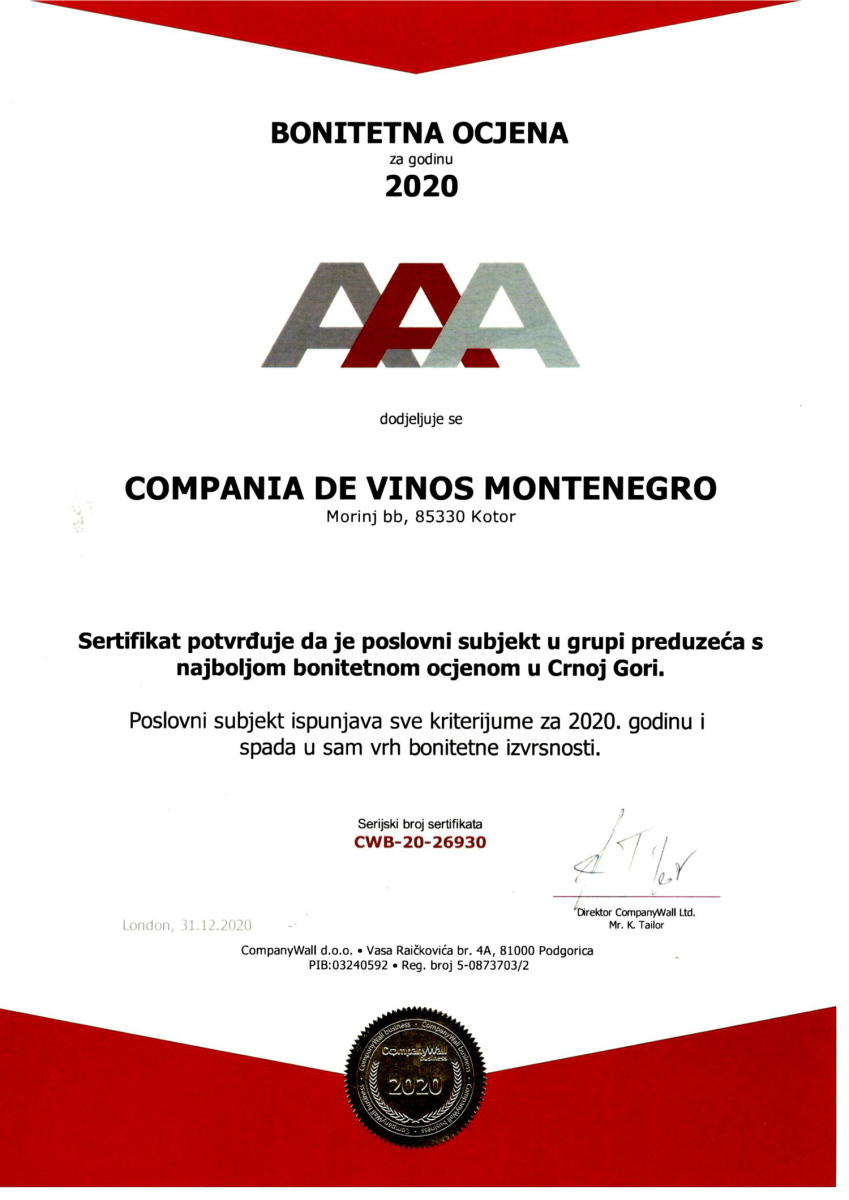 Companywall - Sertifikat - Compania de Vinos Montenegro